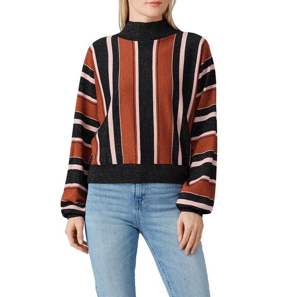MinkPink Sz Small Orange Pink Black A Touch of Magic Striped Mock Neck Sweater - Picture 1 of 5